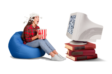 Collage picture of impressed mini girl sit beanbag hold pop corn watch tv big retro pc display pile stack book isolated on blue background