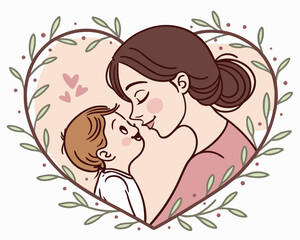 mother kissing baby in heart vines frame
