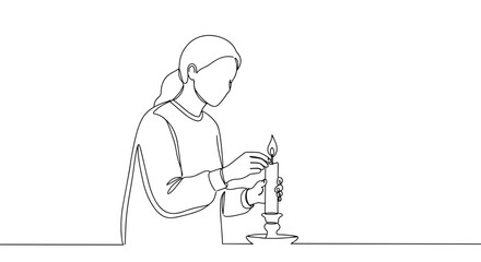 woman lighting candle in minimalistic line art style  