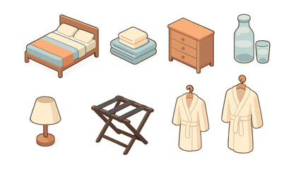 Hotel room essentials icons set – bed, towels, dresser, water bottles, lamp, luggage rack, robes
