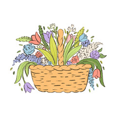 Pencil colored basket with abstract flowers isolated on white background. Hand drawn vintage spring floral bouquet illustration