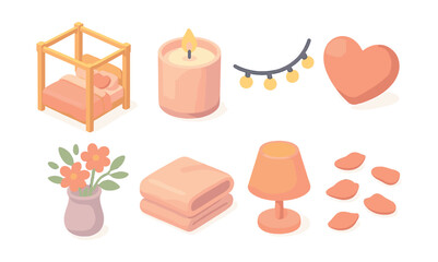 Cozy home aesthetic icons set &ndash; bed, candle, garland, heart, flowers, blanket, lamp, slippers