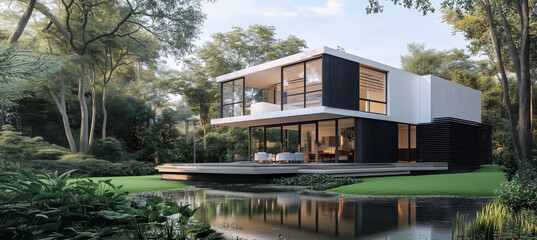 Modern two-story house with large glass windows, clean lines, surrounded by lush greenery near a serene pond. Sleek architecture emphasizes open spaces, natural light, golden-hour highlights