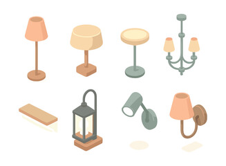 Home lighting icons set – lamp, chandelier, lantern, spotlight, wall light, floor light