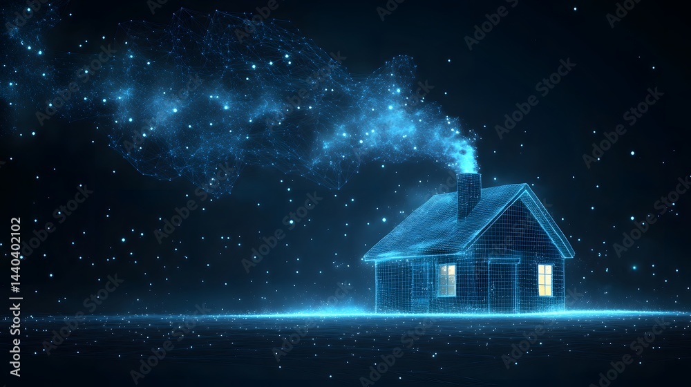 Poster stylized wireframe house glows warmly in the dark. smoke rises, creating a network of light points. 