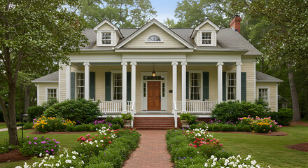 Fototapeta premium Beautiful Suburban Home With Lush Garden And Welcoming Porch