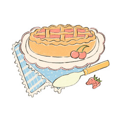 Pencil colored cherry pie tart isolated on white background. Hand drawn fruit berry food baked dessert on plate illustration