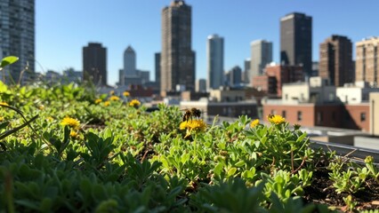 Naklejka premium Green roof with bees, city skyline in background