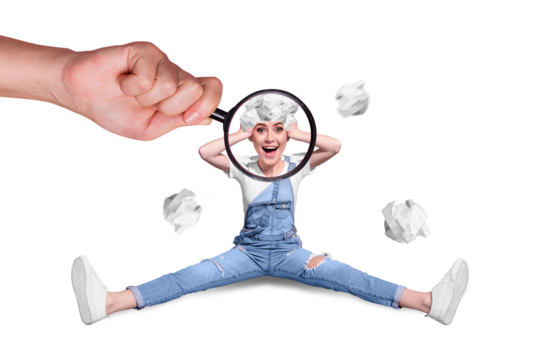 Creative retro 3d magazine collage image of arm enlarging lady paper ball instead head isolated blue color background