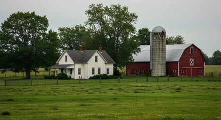 Obraz premium Picturesque Farmland Scene Featuring Traditional American Farm Buildings