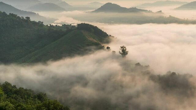 4K Time lapse of top view Landscape National Park with mist flowing with mountain and see the Mekong River at phu pha duk in Nong Khai province, Thailand