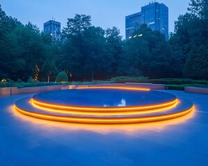 Circular stage with warm lighting, nestled in a tranquil park setting at dusk, city skyline in the background