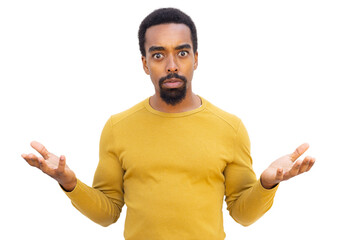 Young man with a surprised expression showing his empty hands against a transparent background