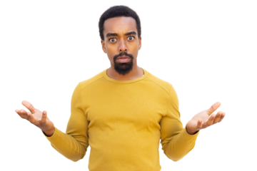 Young man with a surprised expression showing his empty hands against a transparent background