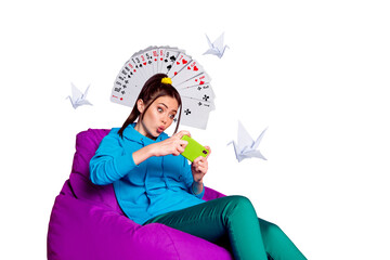 Collage 3d pinup sketch image of funky addicted lady playing modern gadget card game isolated blue...
