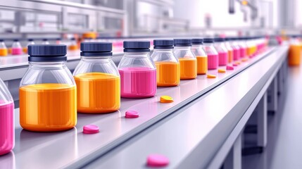 Colorful bottles of liquid on a production line, with vibrant candies scattered in a factory