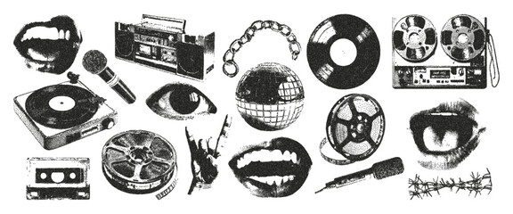 Vintage photocopy stipple effect music elements set. Vinyl record, cassette, speaker, eye, hand, radio, recorder coils, disco ball, chain, microphone, chain. Trendy modern retro vector illustration.