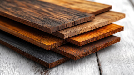 Several samples of boards are stacked on top of each other against a light background