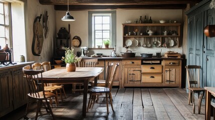 Timeless farmhouse kitchen interior featuring rustic wooden furniture and classic design elements