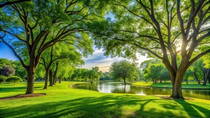 Obraz premium serene view of a peaceful park with green trees, calmness, garden, calmness, garden, park, foliage