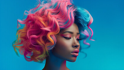 High detailed portrait of young african american female with Dyed Multi Colors Hair hairstyle and brighty make-up on vibrant Red wall. Modern teens expressional serene outlook