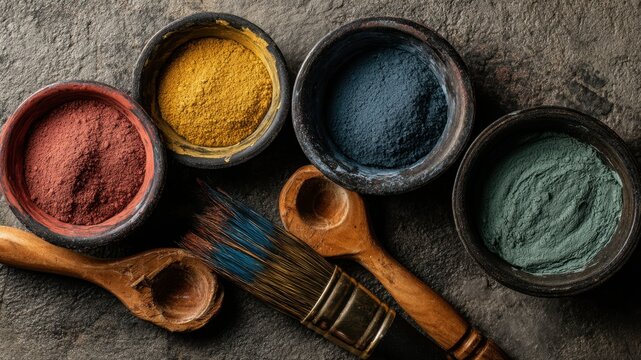Bowls of earth pigments with brush and spoons on stone surface. Artistic setup