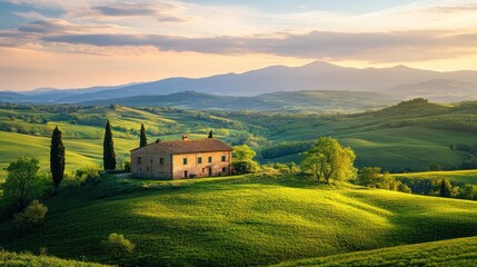 Obraz premium Scenic Tuscan Farmhouse at Golden Hour Amidst Rolling Hills Landscape