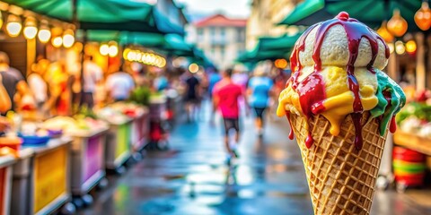 Melting ice cream cone on a hot summer day, surrounded by sticky drips and colorful condiments, with a blurred background of a bustling outdoor market, food vendor, chaos