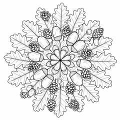Intricate Autumn Mandala Acorn, Pinecone, and Oak Leaf Design for Coloring