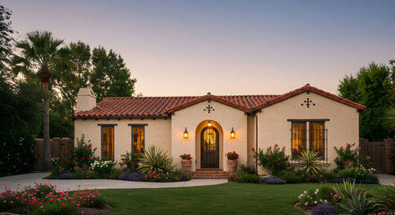Charming Mediterranean Home Exterior With Lush Garden At Dusk
