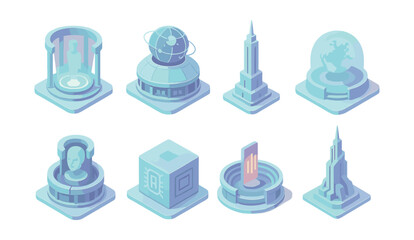 Futuristic architecture icons set &ndash; laboratory, observatory, skyscraper, globe, monument