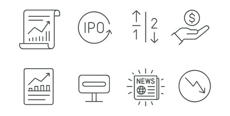 Fototapeta premium Financial growth and market trends icons set – ipo, charts, investor, arrow, news
