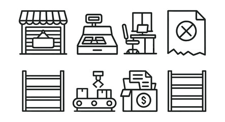 Retail business icons set – storefront, cash register, office desk, receipt, shelf, conveyor, documents