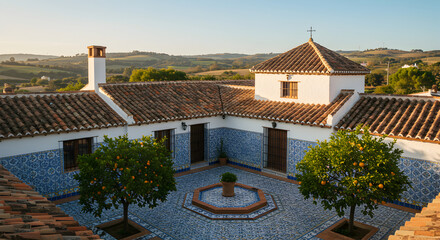 Obraz premium Andalusian Courtyard With Blue Tiles And Orange Trees View Of Countryside