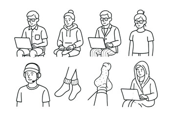 Home and casual work icons set – remote, laptop, hoodie, glasses, headphones, socks, relaxed