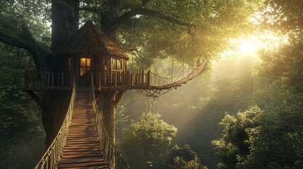 Fototapeta premium serene treehouse nestled in lush forest, connected by rope bridge, bathed in soft morning light