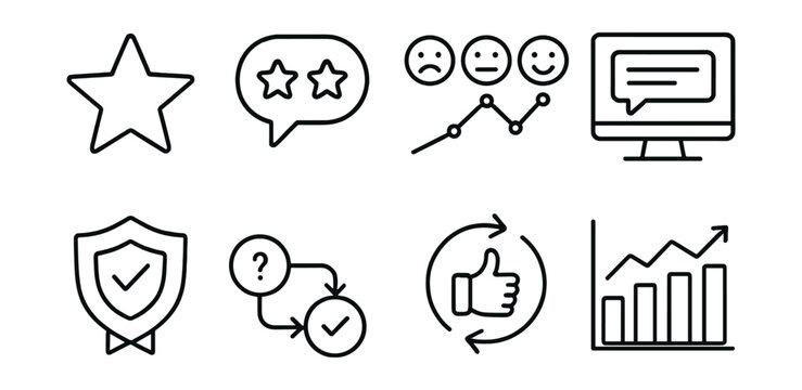 Business feedback icons set - star, speech bubble, emotions, graph, shield, process, approval, growth