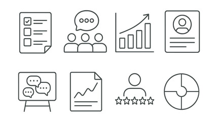 Business communication and analysis icons set &ndash; checklist, chat, graphs, profile, rating