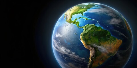 Fototapeta premium Earth globe with Amazon rainforest and Andes mountains on a dark background, , Tropical Landscape