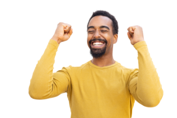 Bearded man in yellow sweater celebrating, triumphantly raising fists against transparent background