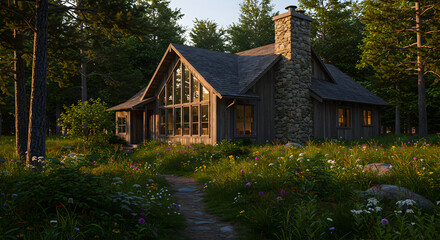 Fototapeta premium Idyllic Cabin Retreat Nestled Among Lush Wildflowers And Towering Trees