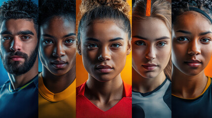 portraits of diverse individuals expressing range of emotions while engaging in various sports activities.