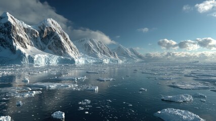 Stunning Antarctic landscape with icy water and snow covered mountains.