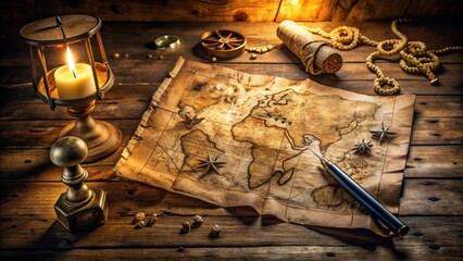 Detailed image of an old pirate's treasure map with worn and faded parchment