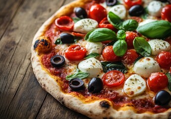 Delicious homemade pizza with fresh mozzarella, cherry tomatoes, black olives, and basil leaves on rustic wooden table