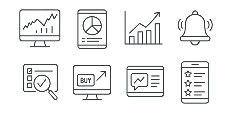 Business analytics and notifications icons set – charts, graphs, reports, alert, checklist, buy, feedback
