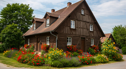 Charming Timbered House With Vibrant Flowerbeds In A Picturesque Setting
