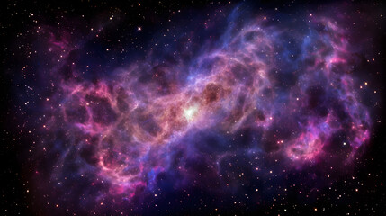 A vibrant, colorful nebula with a mix of purple, blue, and pink hues, set against a dark, starry backdrop.