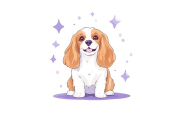 A cheerful, small dog with long ears sits, surrounded by purple sparkles on a white background