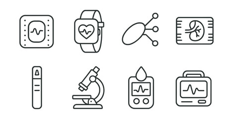 Medical devices icons set – chip, smartwatch, network, cardio, test, microscope, glucometer, monitor